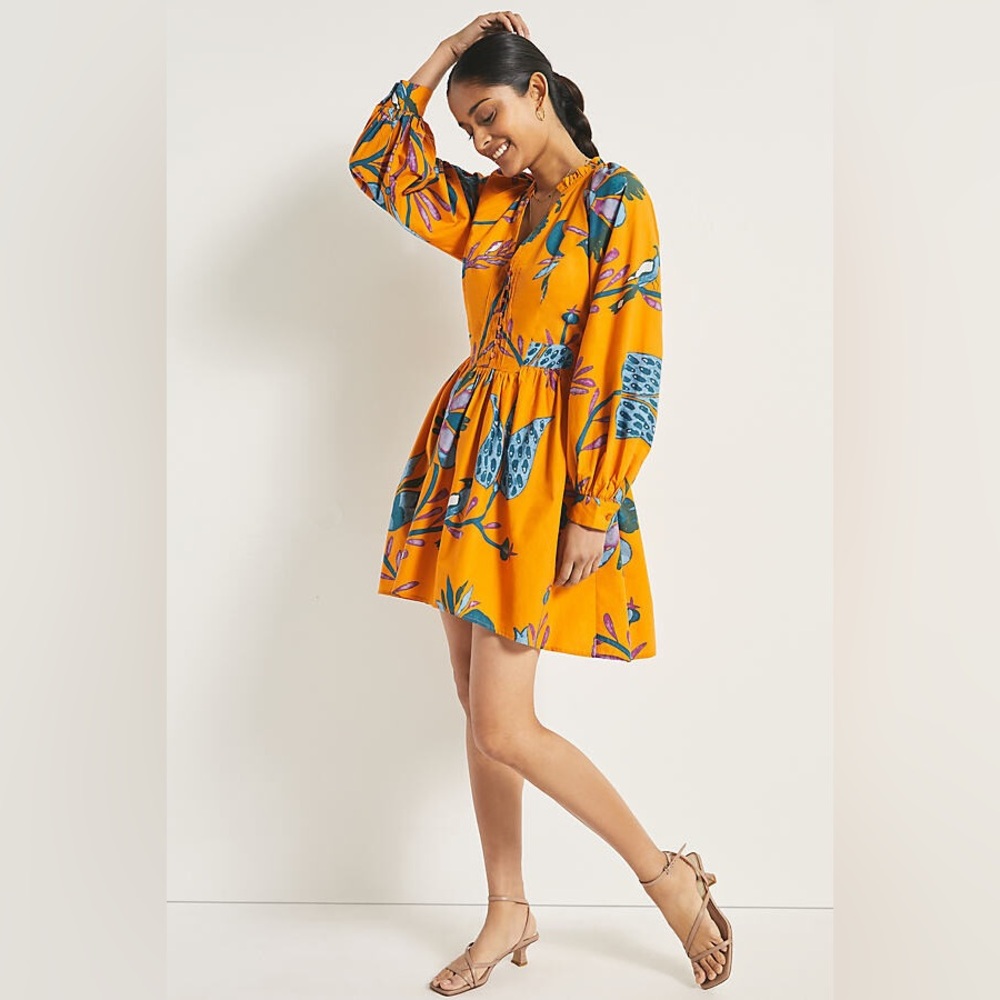 Anthropologie Forever That Girl Floral Dress Small Mustard Boho Ruffle Mini